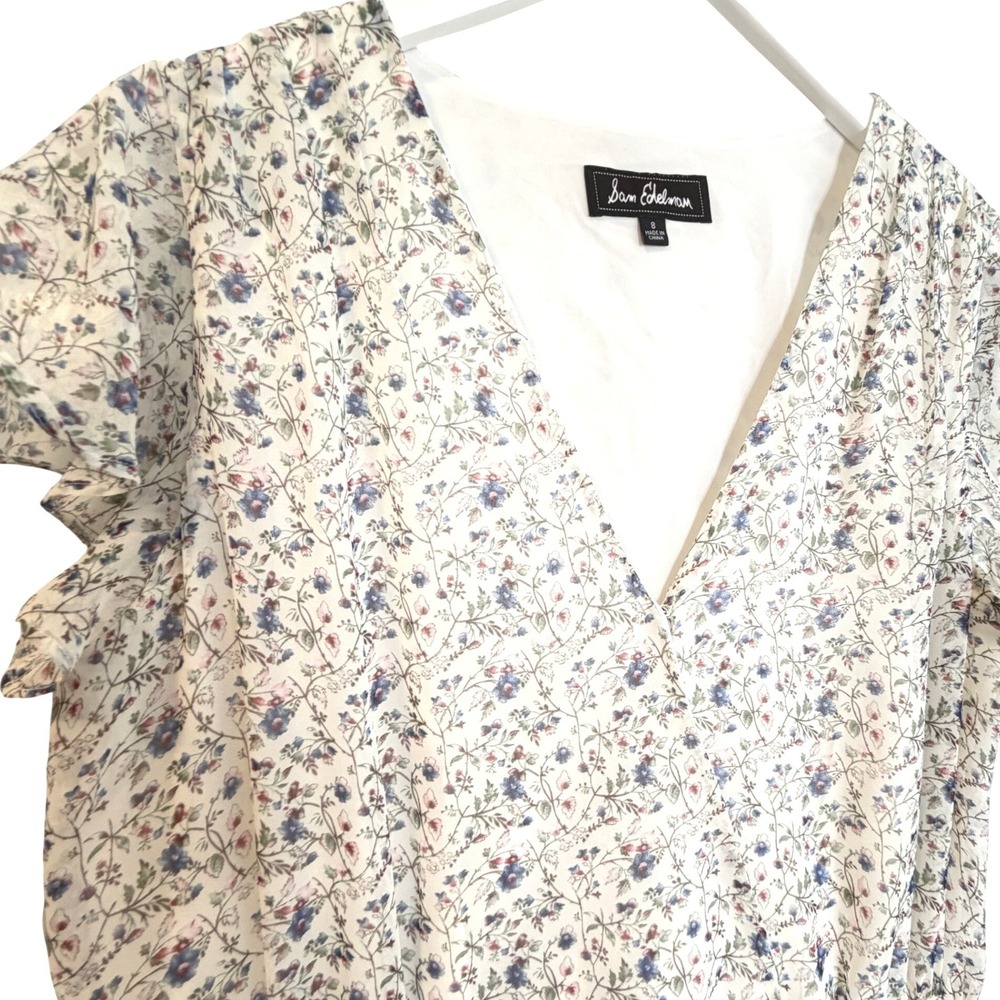Sam Edelman Floral Faux Wrap Dress Womens 8 White Blue Ruffle Midi Dress - Picture 2 of 13